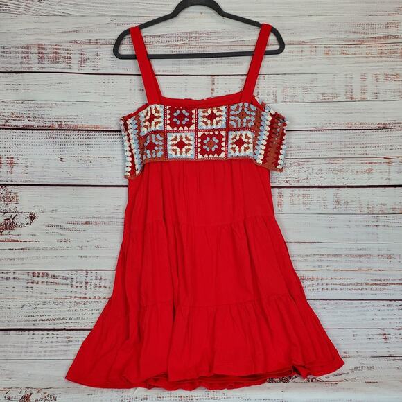 New York & Company L Cottage Ruffle Tier Dress Red Multi Crochet Top Flare Skirt - Picture 2 of 16